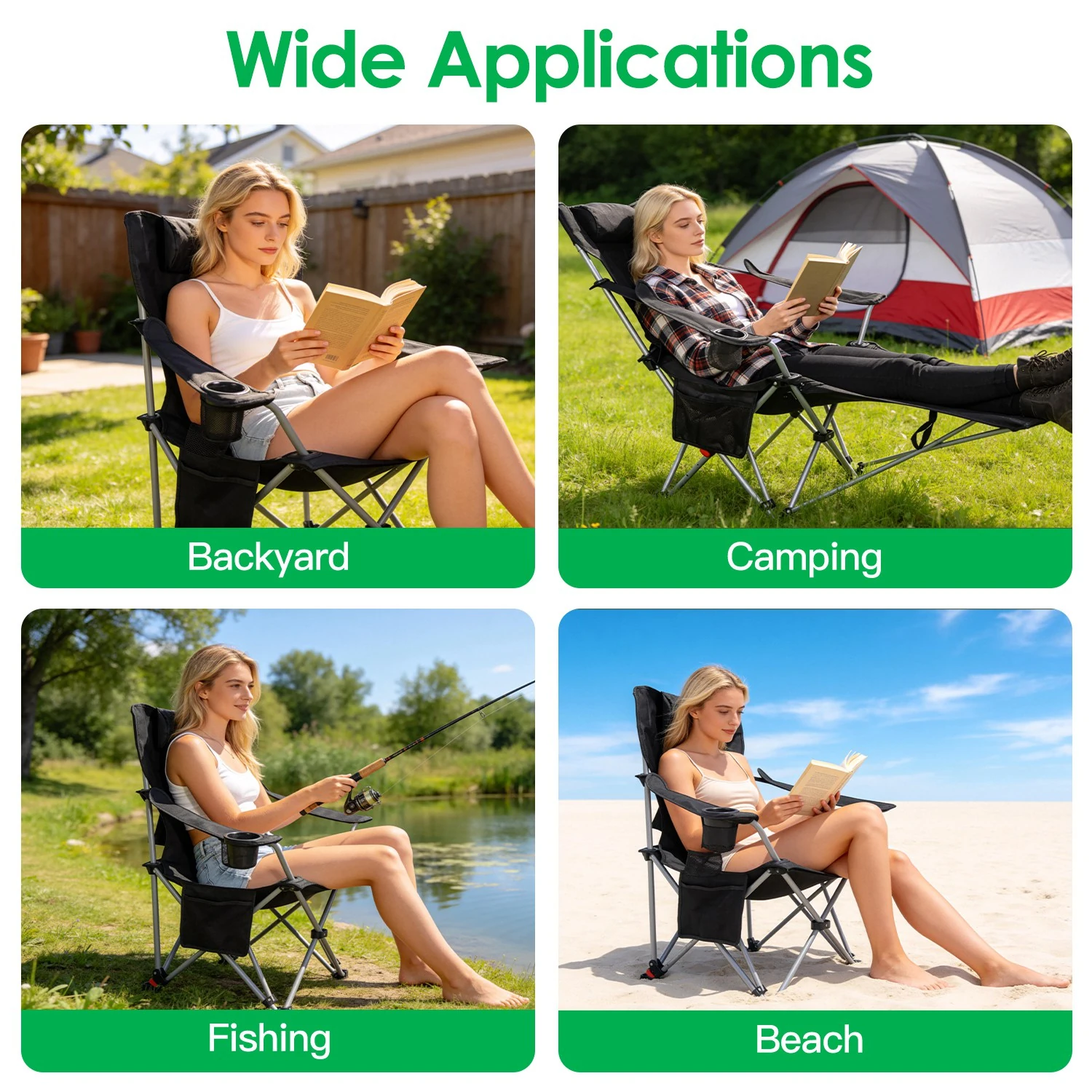 1 pièce chaise de camping inclinable avec repose-pieds, réglable sur 4 positions, chaise pliante d’extérieur, chaise de