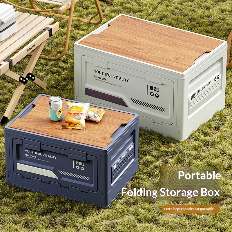Boîte de rangement de camping en plein air avec porte à ouverture latérale et couvercle en bois