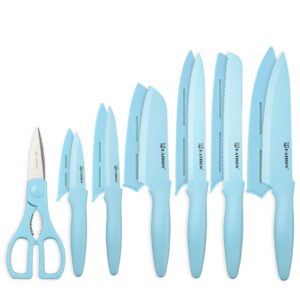 Küchenmesserset mit Schutz, 13-teiliges blaues, antihaftbeschichtetes Messerset aus Edelstahl, rostfrei und spülmaschinenfest, 6 Messer mit 6 Klingenabdeckungen und Küchenschere