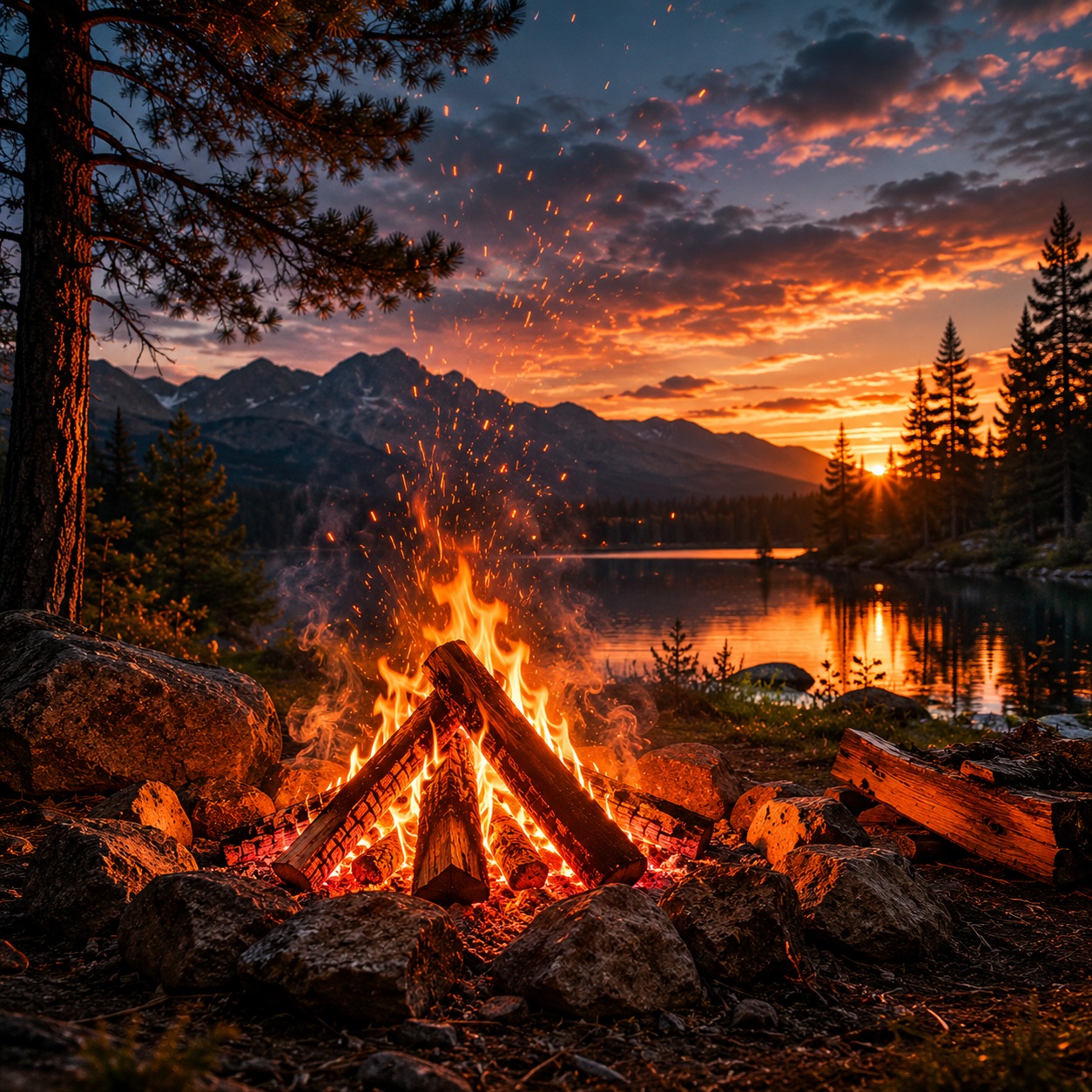 Lagerfeuer in der Abendd\u00e4mmerung
