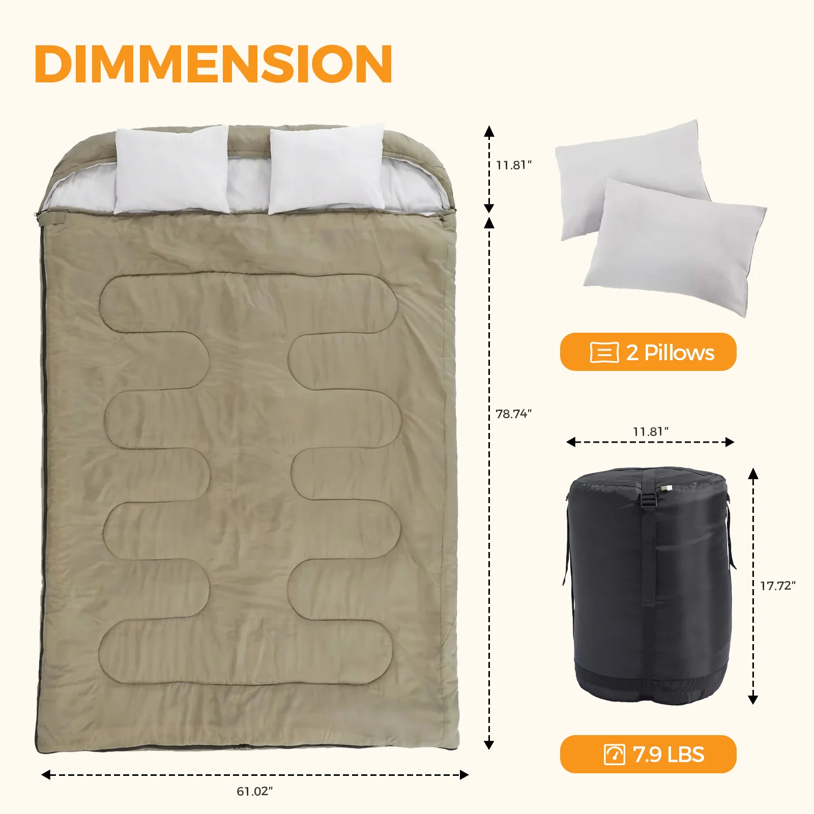 CampGlut Adult Double Warm Schlafsack mit Kissen, ausgebreitet.