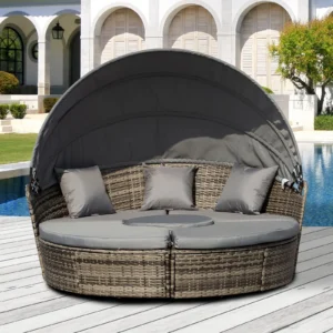 CampGlut Runde PE-Rattan-Tagesbett-Garnitur mit Kissen für Garten und Camping.