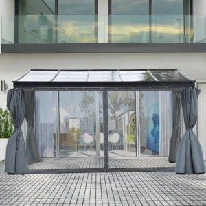 10 x 13 Terrassenpavillon mit Polycarbonat-Schrägdach, Alurahmen & Netzvorhängen