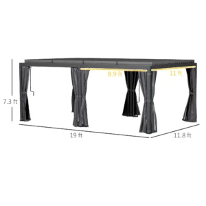 12 x 19 Alu-Pergola mit verstellbaren Lamellen, Vorhängen & Netz, Dunkelgrau