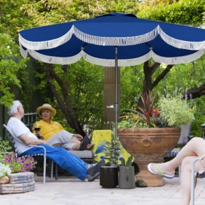 9FT Terrassenschirm, UPF 30+, Kurbel, 8 Rippen, Kippfunktion, belüftet, Navyblau