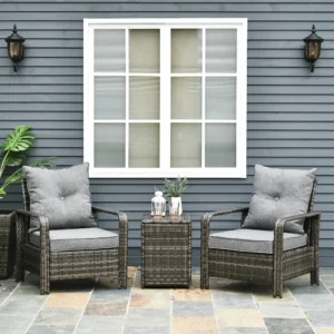 CampGlut 3-teilige Terrassenmöbel, graues PE-Rattan Set mit Aufbewahrungstisch.