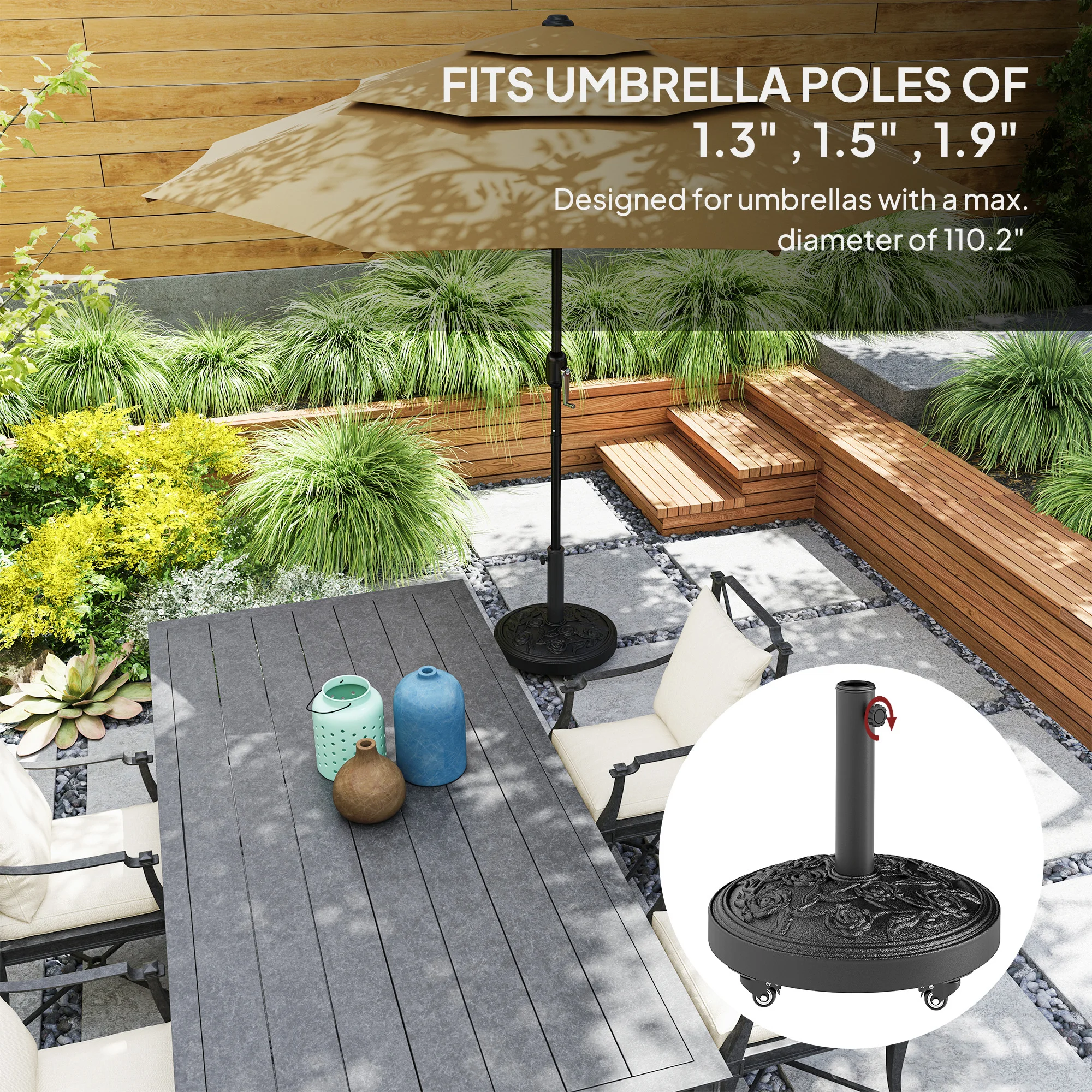 Runder Terrassenschirmständer, 21 kg Harz mit Rollen, für 3,3/3,8/4,8 cm Stan... – Bild 3