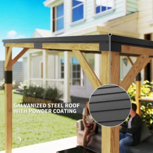 10 x 14 ft Wooden Garden Pavilion, Hardtop Attached Pavilion with Galvanized Steel Roof