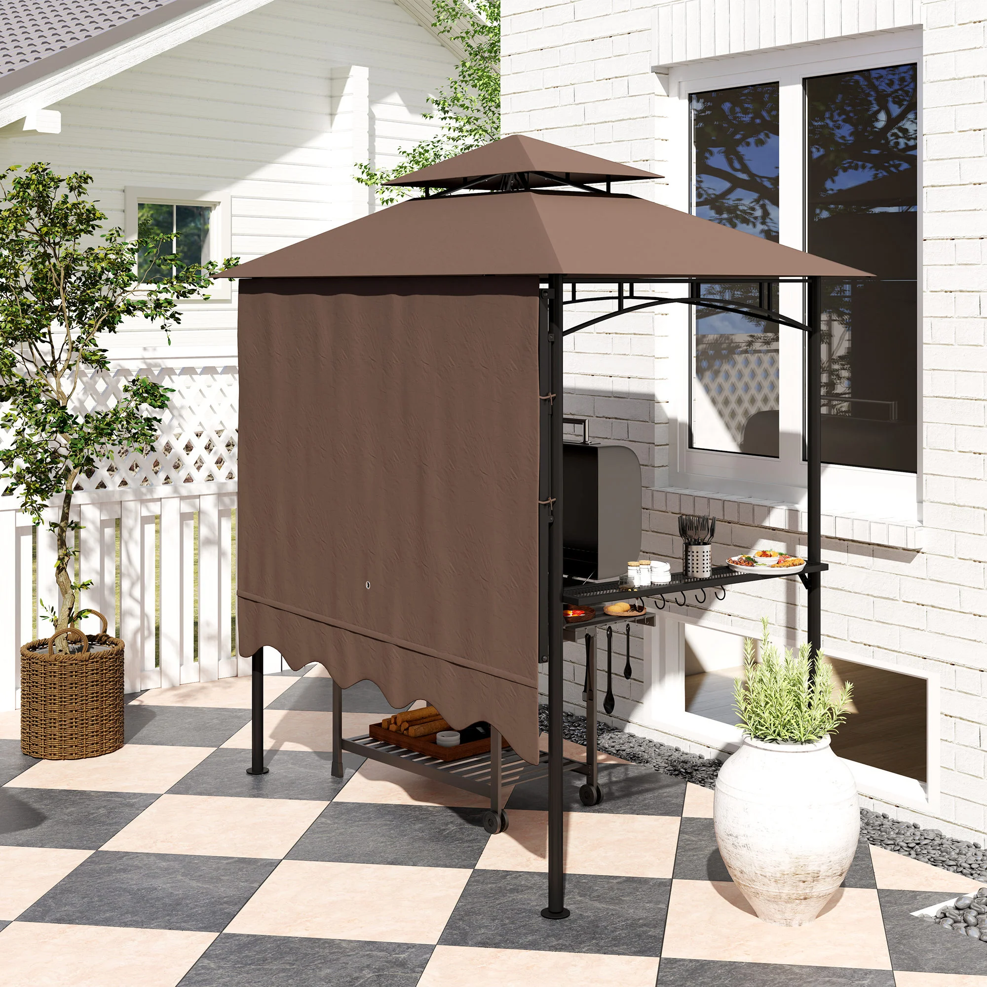 8 x 7,6 m Outdoor Grillpavillon mit Seitenmarkise, 2 Ablagen und 6 Haken, Braun – Bild 5