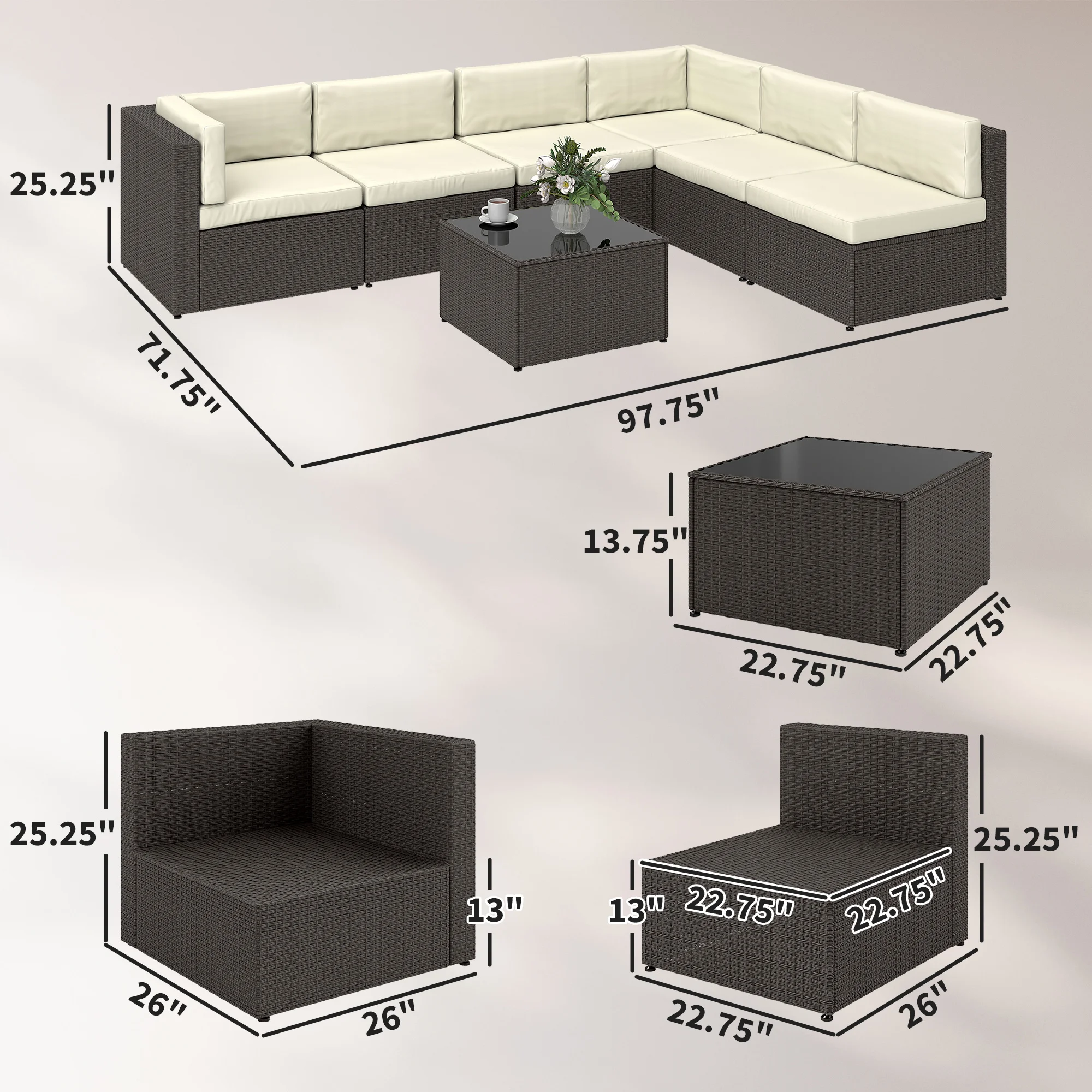 7-teiliges Terrassenmöbel-Set, PE-Rattan, wetterfest, mit Glastisch – Bild 2