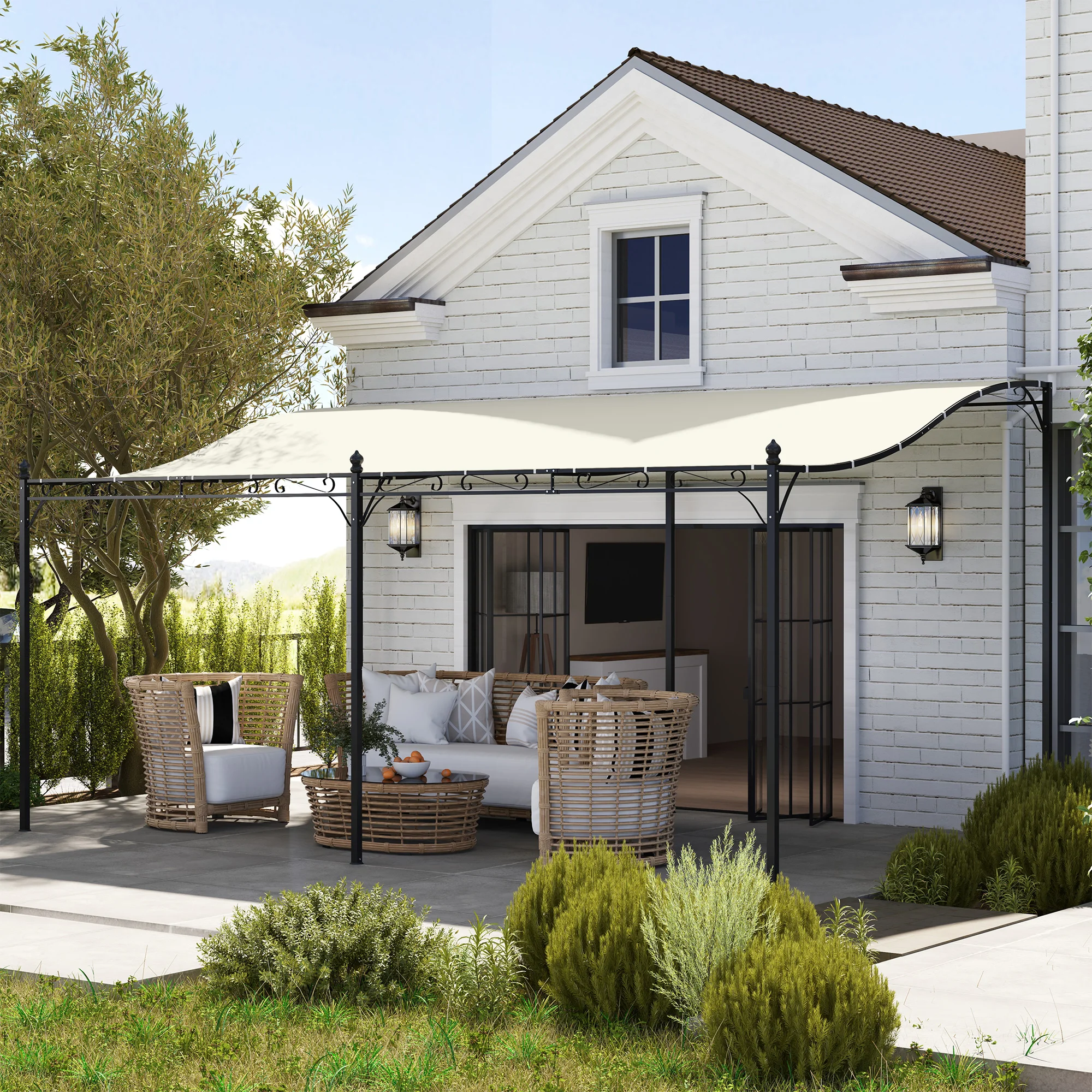 Pérgola de pared 10 x 16, toldo metálico para patio con orificios de drenaje, blanco crema - Image 4