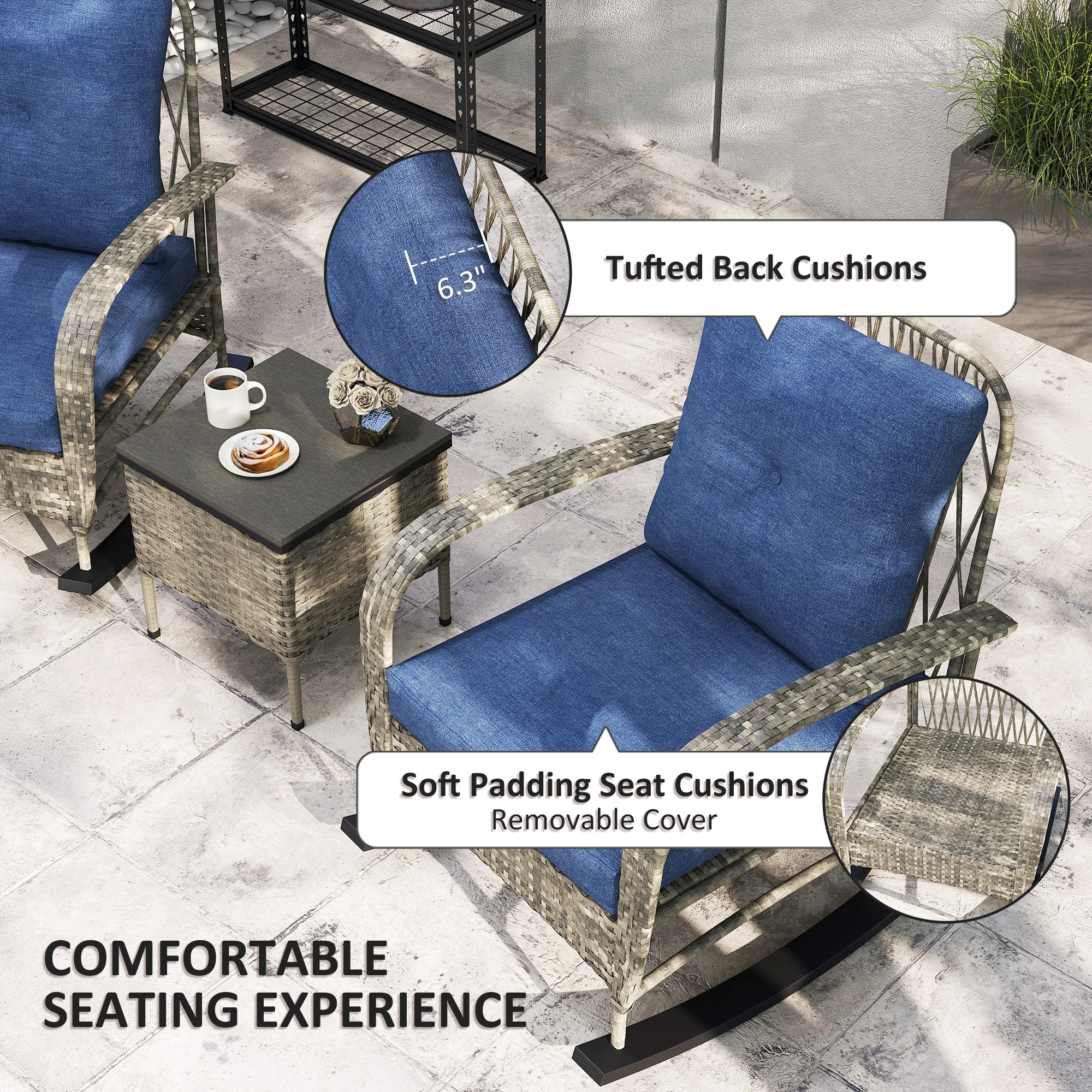 3-Piece Poly Rattan Garden Furniture Set with Rocking Chairs, Coffee Table, Cushions... - Imagen 3