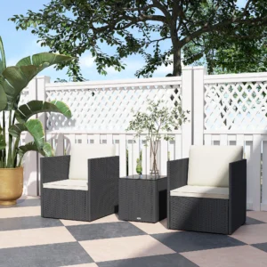 Klappbarer Korb-Bistro-Set, 3-teilig, mit Polstern und Glastisch, schwarz