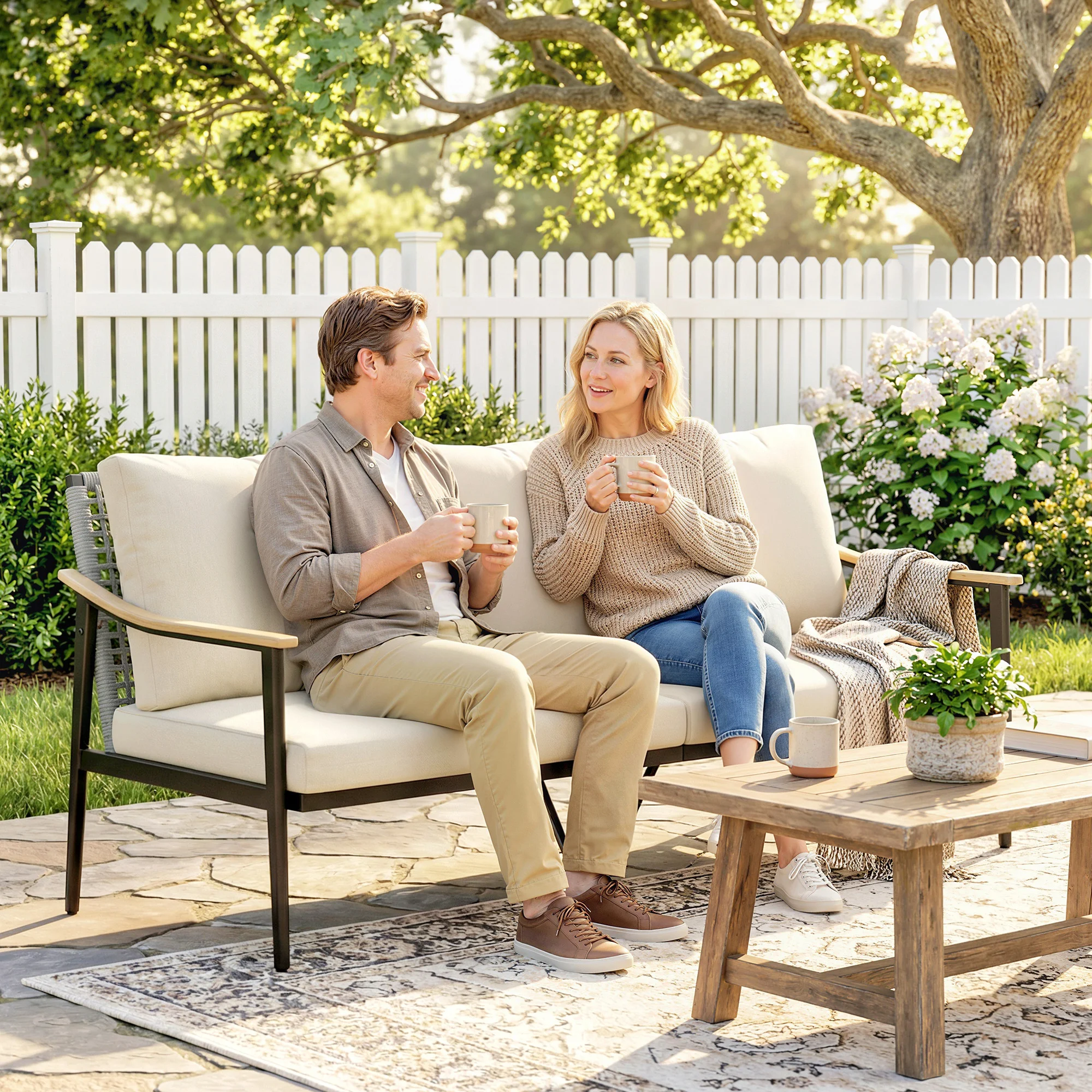 3-Sitzer Outdoor-Sofa mit Holzarmlehnen, Rattanrückenlehne, Kissen, Khaki – Bild 6