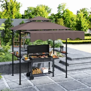 8 x 7,6 m Outdoor Grillpavillon mit Seitenmarkise, 2 Ablagen und 6 Haken, Braun