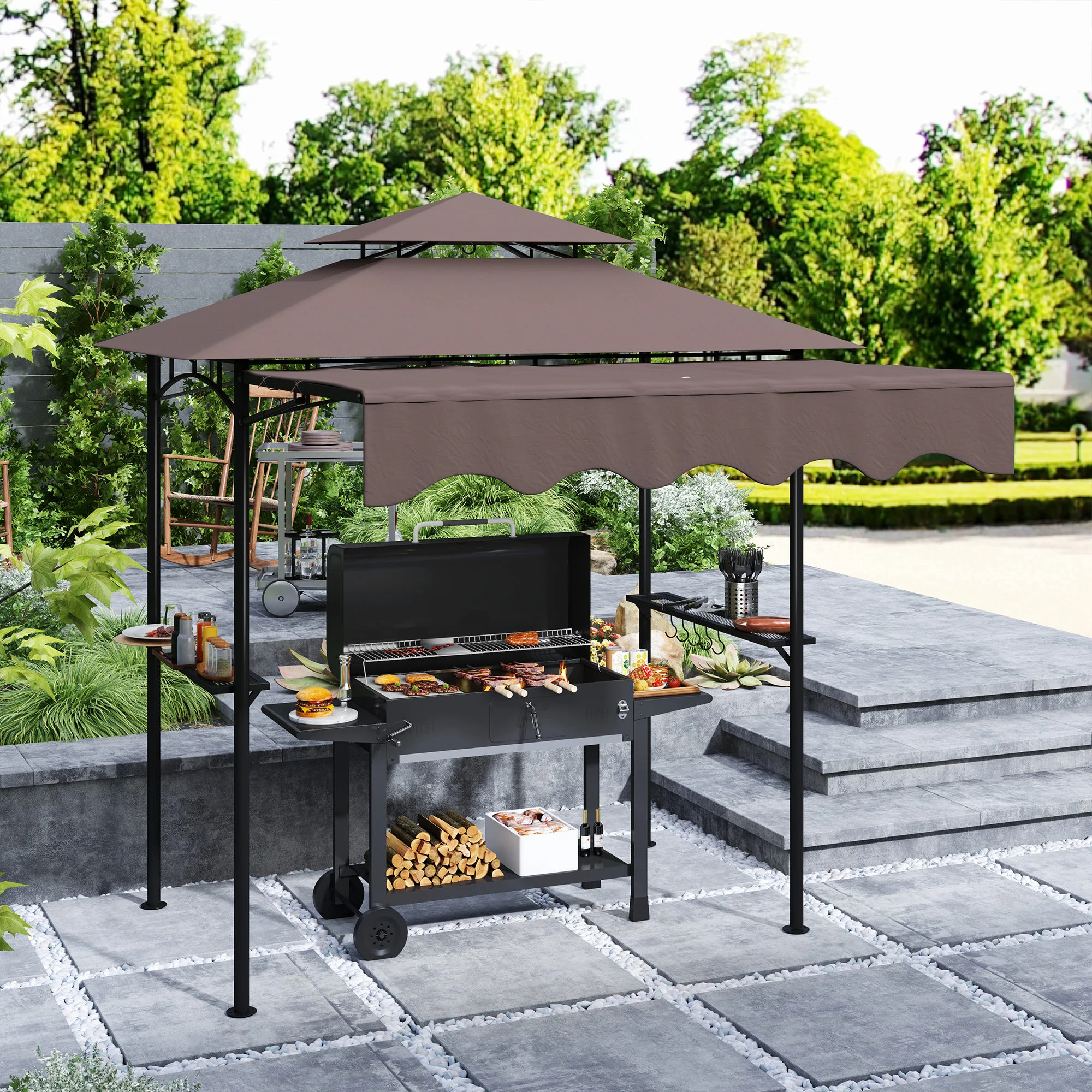 8 x 7,6 m Outdoor Grillpavillon mit Seitenmarkise, 2 Ablagen und 6 Haken, Braun