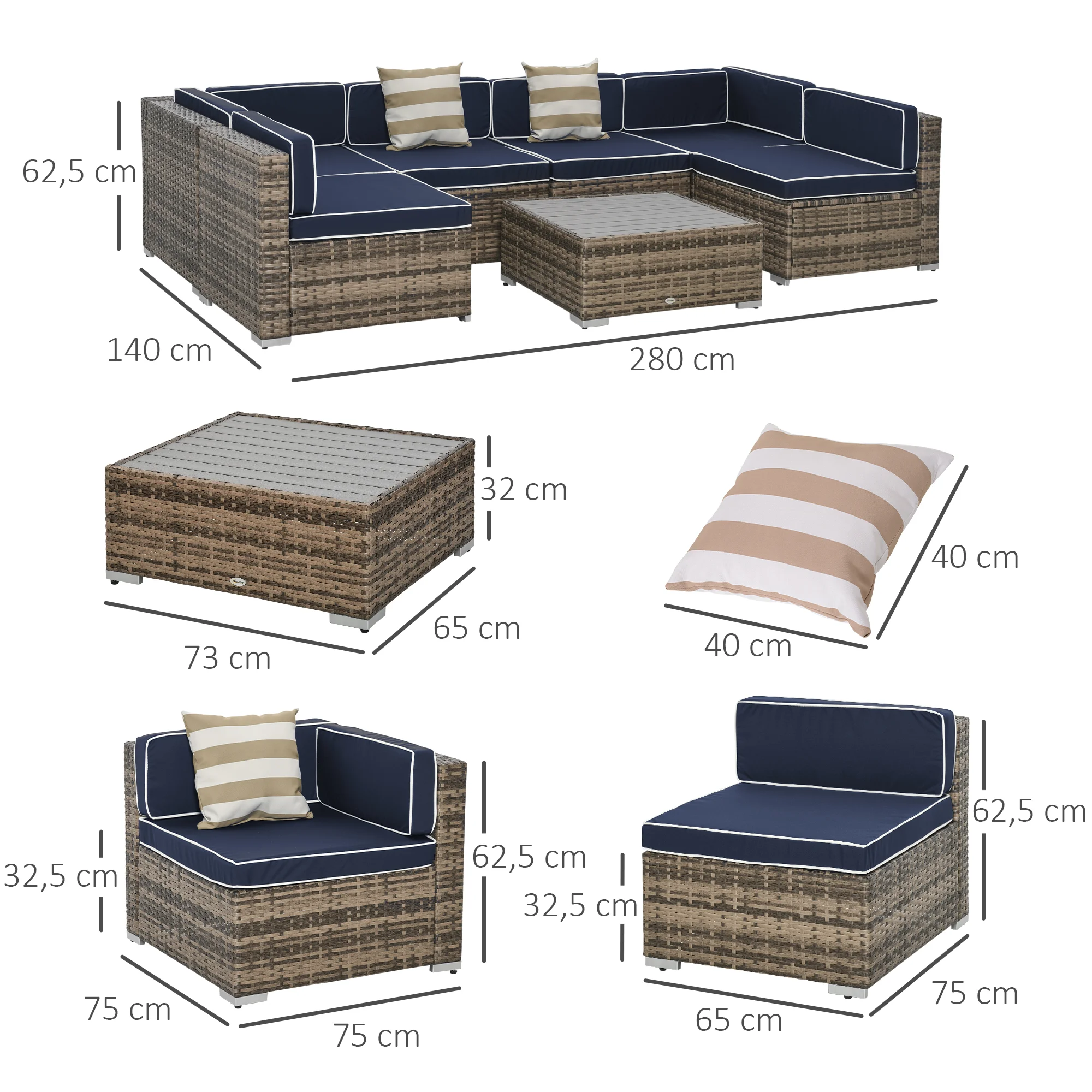 7-teiliges Outdoor-Korbsofa-Set, modern mit Kissen und Couchtisch - Blau – Bild 2