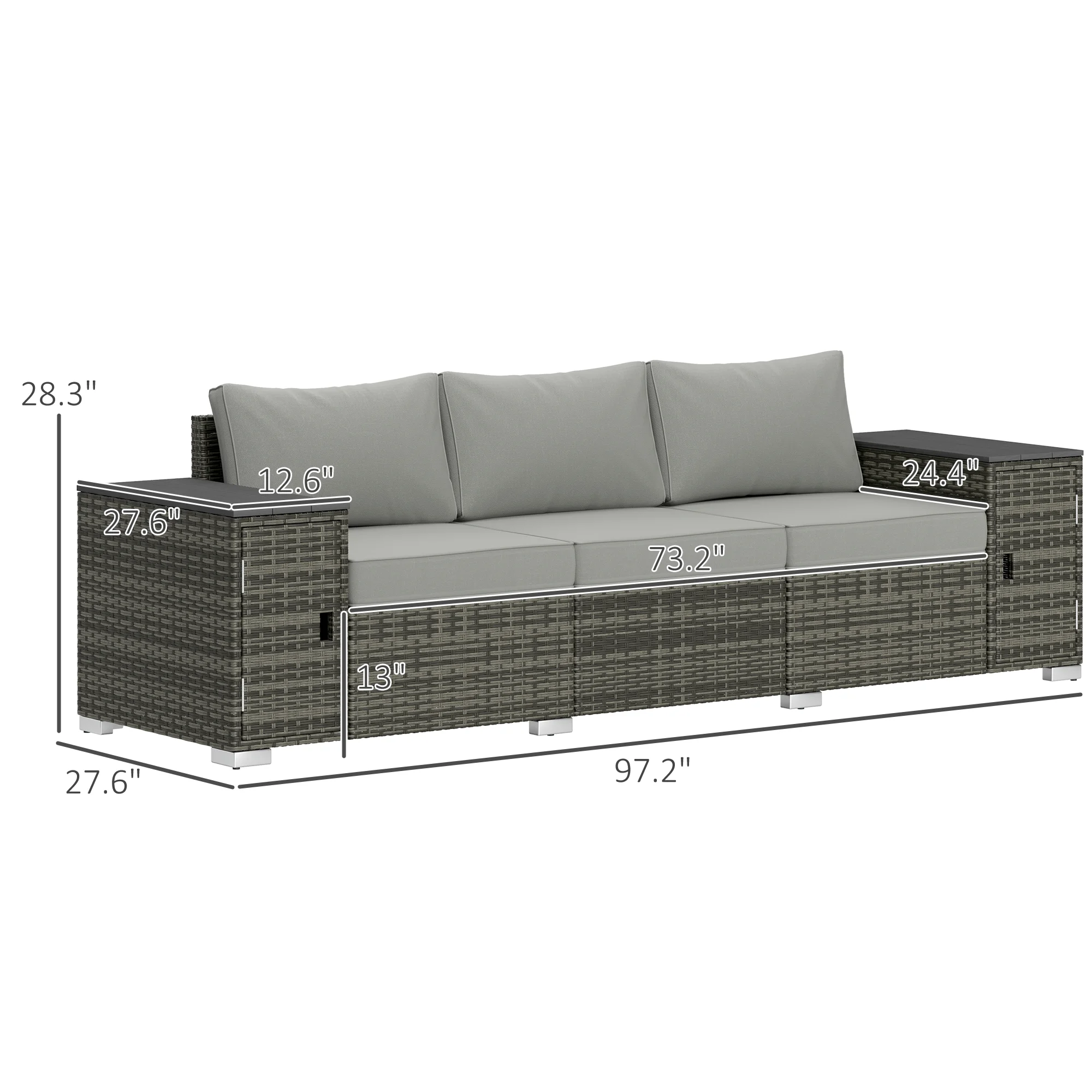 CampGlut graue Outdoor Polyrattan Couch mit Stauraum und Armlehnen.