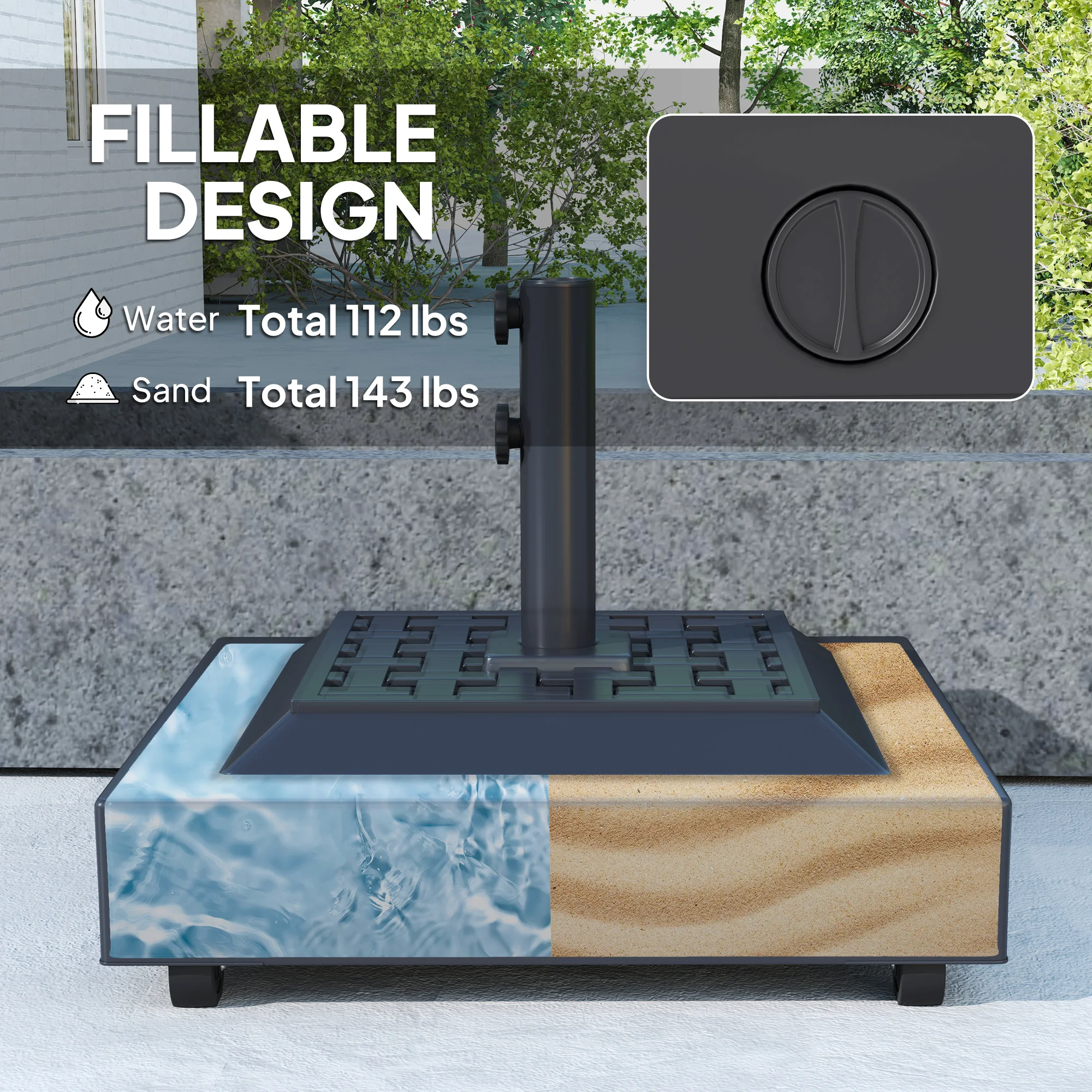 Schwerer Schirmständer mit Rollen, bis 65 kg (Sand) oder 51 kg (Wasser), schwarz – Bild 8