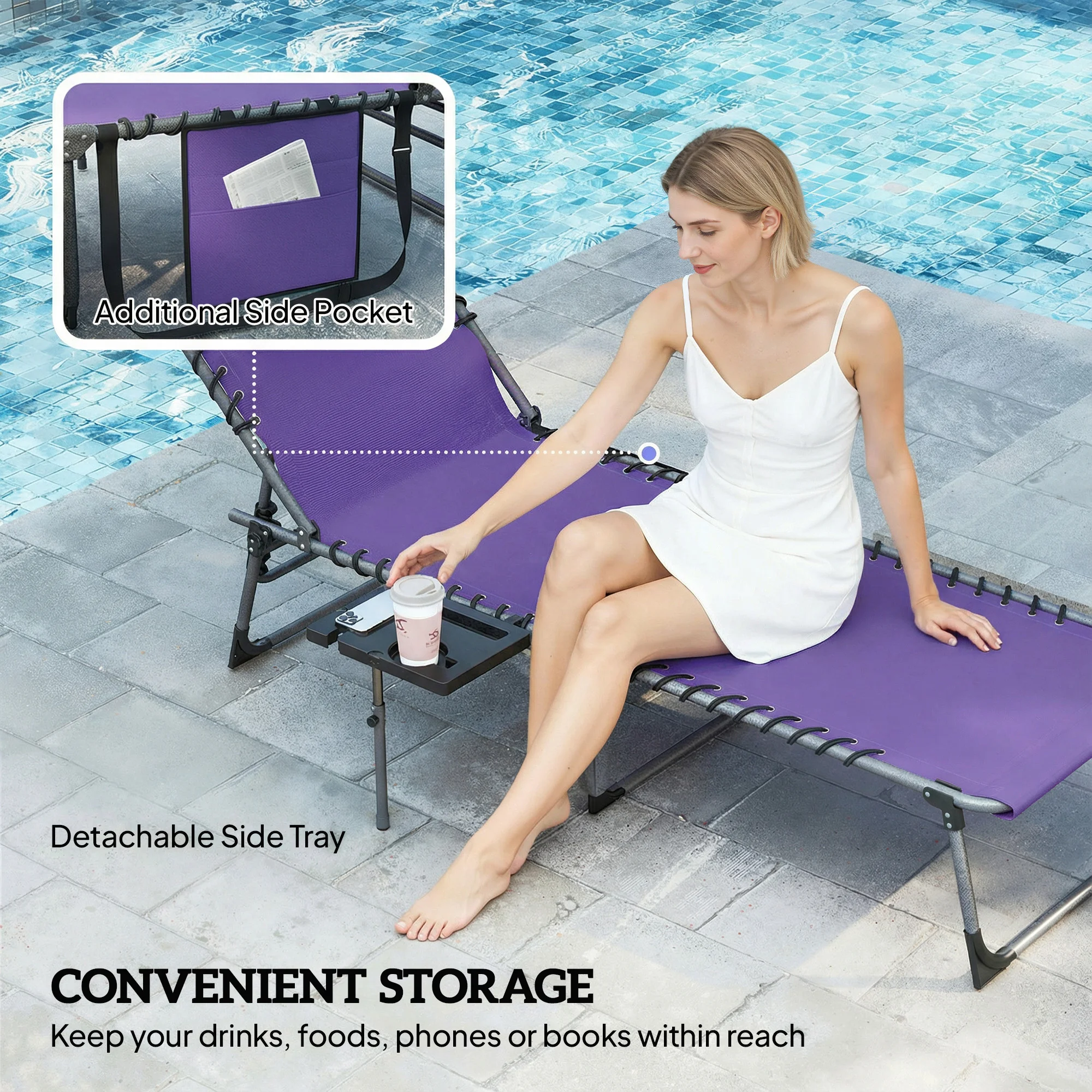 Chaise longue pliante d'extérieur avec dossier réglable sur 5 positions, table d'appoint - Imagen 8