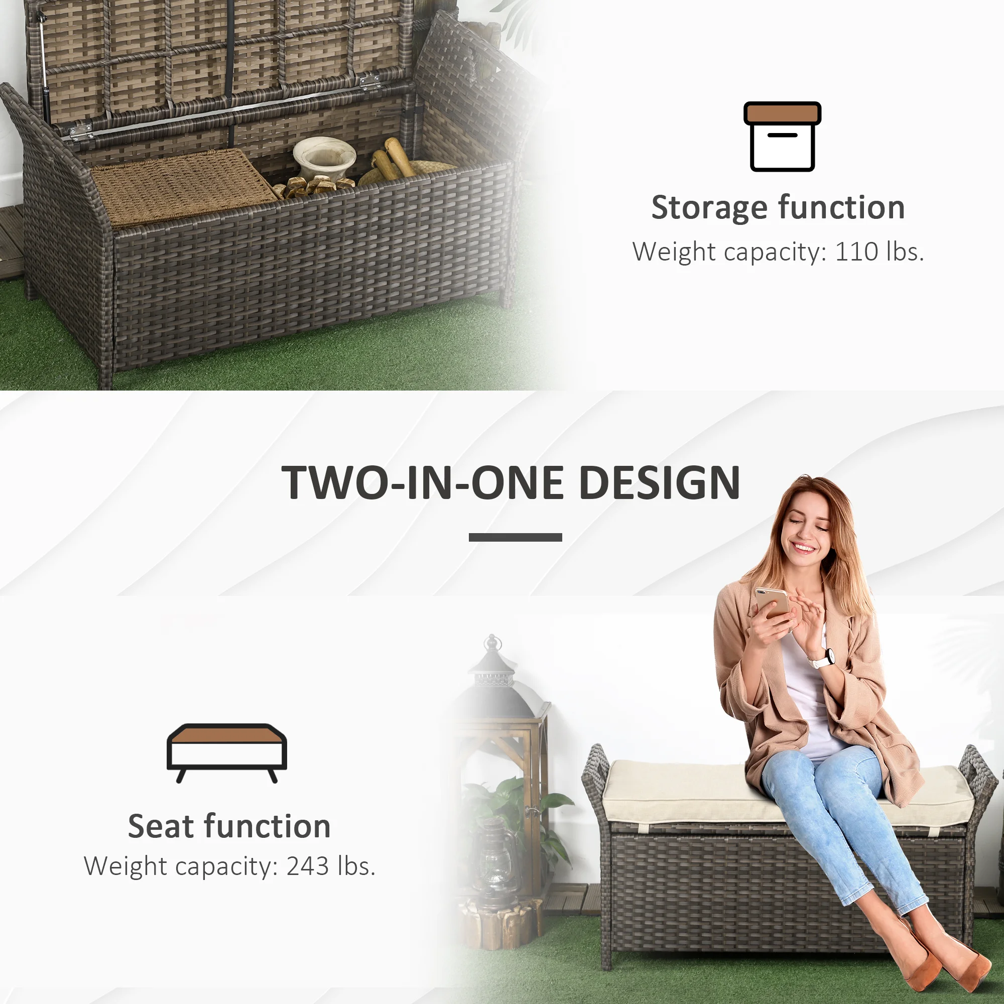 CampGlut Outdoor-Aufbewahrungsbank aus Poly Rattan.