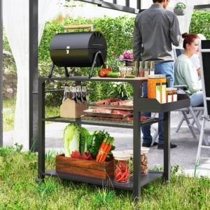 CampGlut 3-stöckiger Outdoor-Grillwagen mit Ablagen und Pizzaofen.