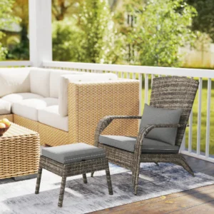 Geflochtener Adirondack-Sessel mit Feuerstelle, Hocker & Kissen, Grau