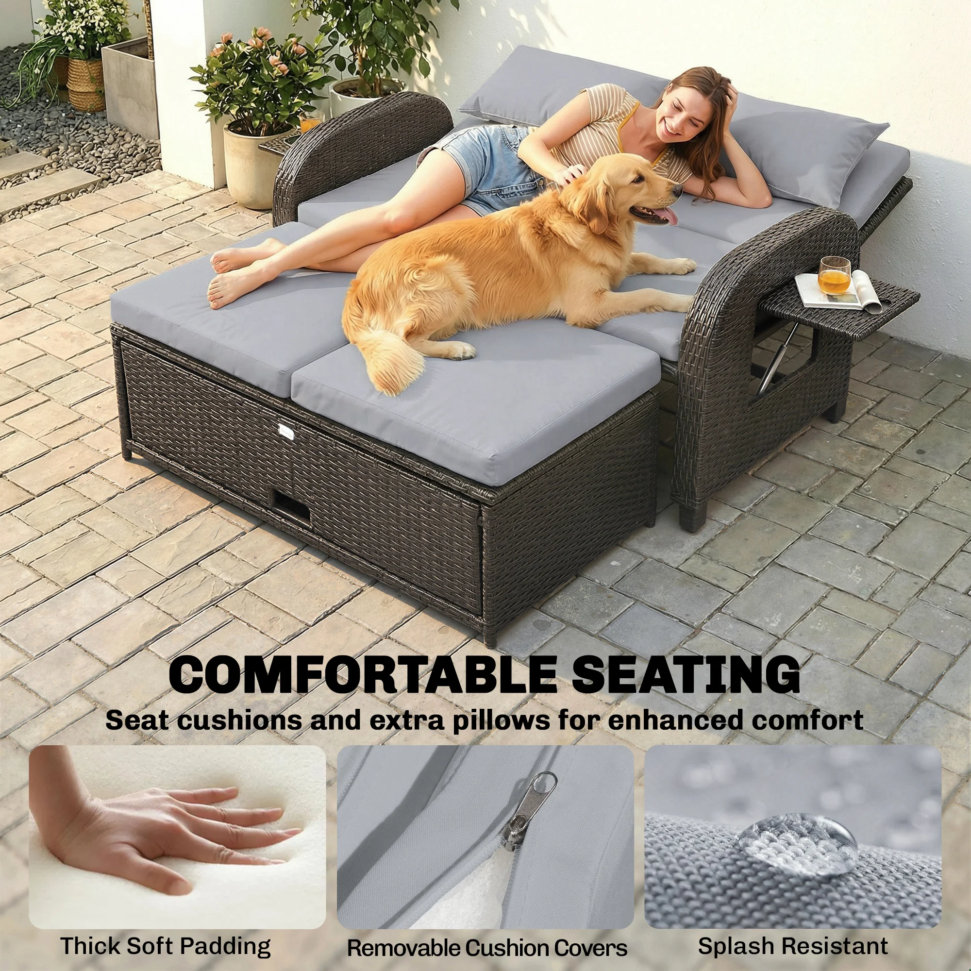 Terrassen-Rattan-Tagesbett, Korb-Außentagesbett mit Stauraum-Ottomane, Lovese... – Bild 3