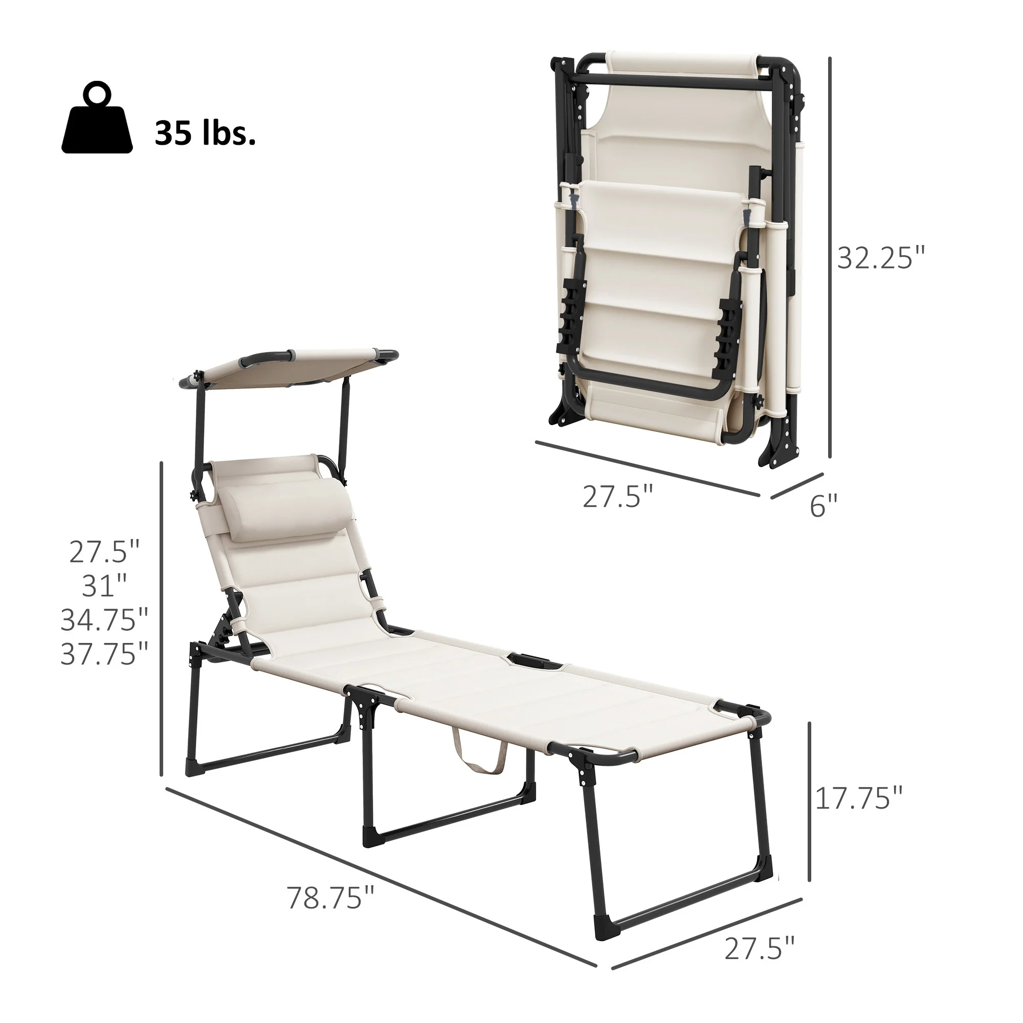 Ensemble de 2 chaises longues, réglable sur 4 positions, pliable, rembourré avec auvent &... - Imagen 2