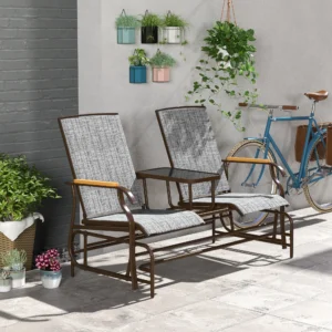 CampGlut 2-Person Garden Swing Bench, grau, Stahlrahmen mit Tisch.
