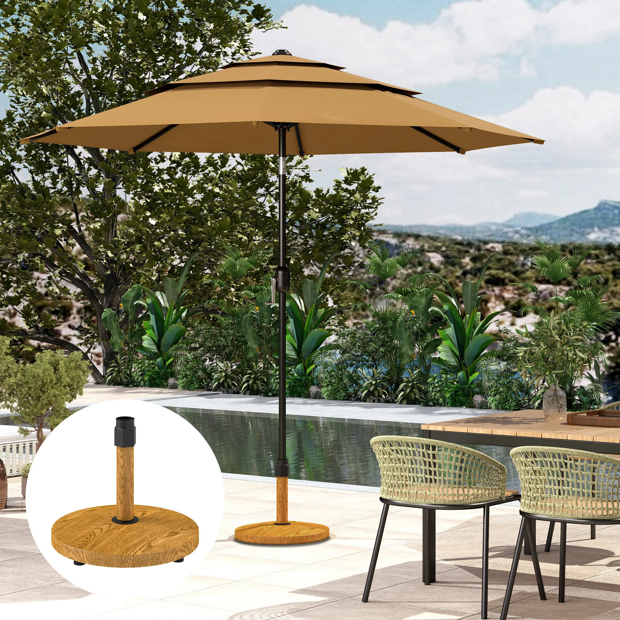 Terrassenschirmständer, verstellbar, schwer, Naturholz – Bild 2