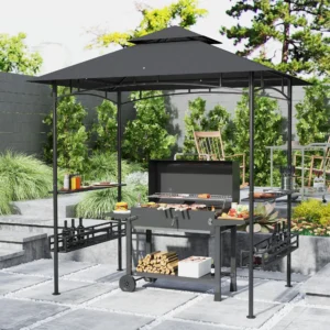 CampGlut 2-stöckiger BBQ Grillpavillon mit Seitentischen und Aufbewahrungskörben.