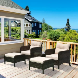 5-teiliges Rattan-Sitzgruppe-Set mit 2 Polstersesseln, 2 Hockern und Couchtis...