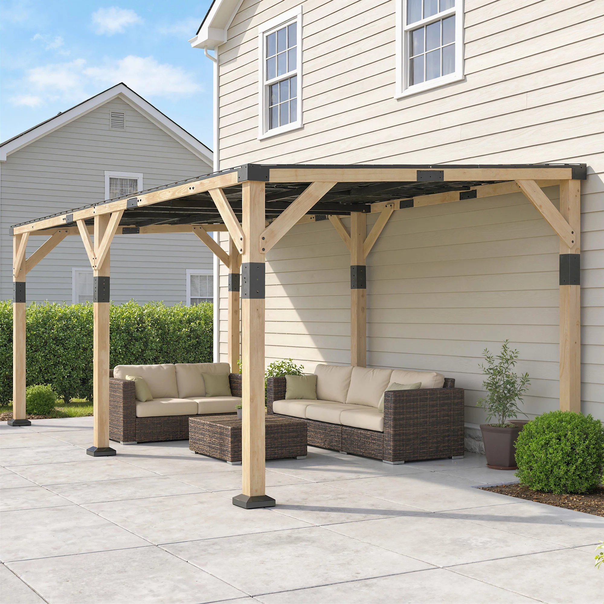 CampGlut 10x20 Holz-Pavillon mit offener Seite.