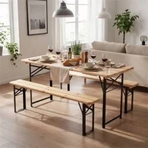47" Klapptisch mit 2 Bänken, massives Tannenholz, stabiler Metallrahmen für G...