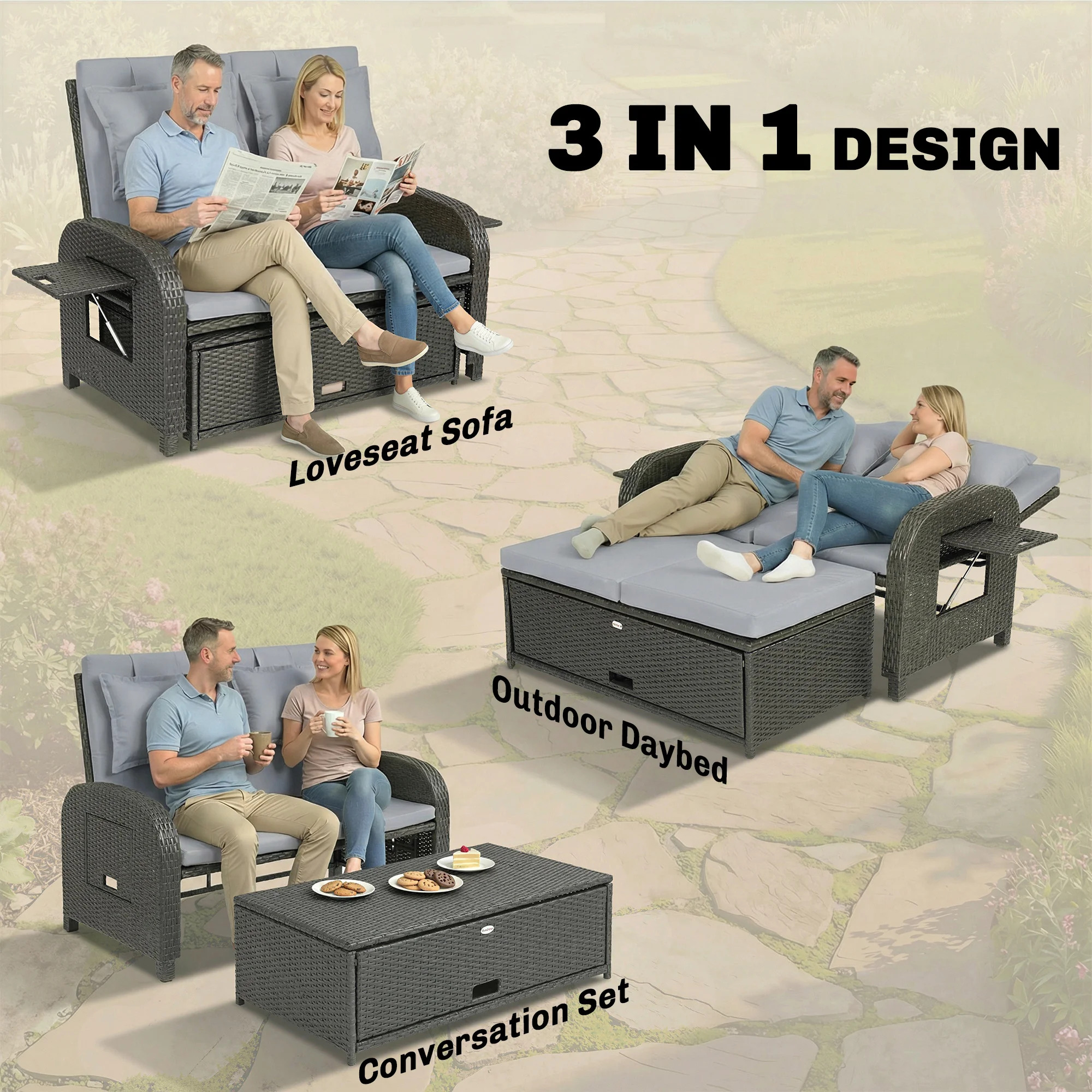 Terrassen-Rattan-Tagesbett, Korb-Außentagesbett mit Stauraum-Ottomane, Lovese... – Bild 7