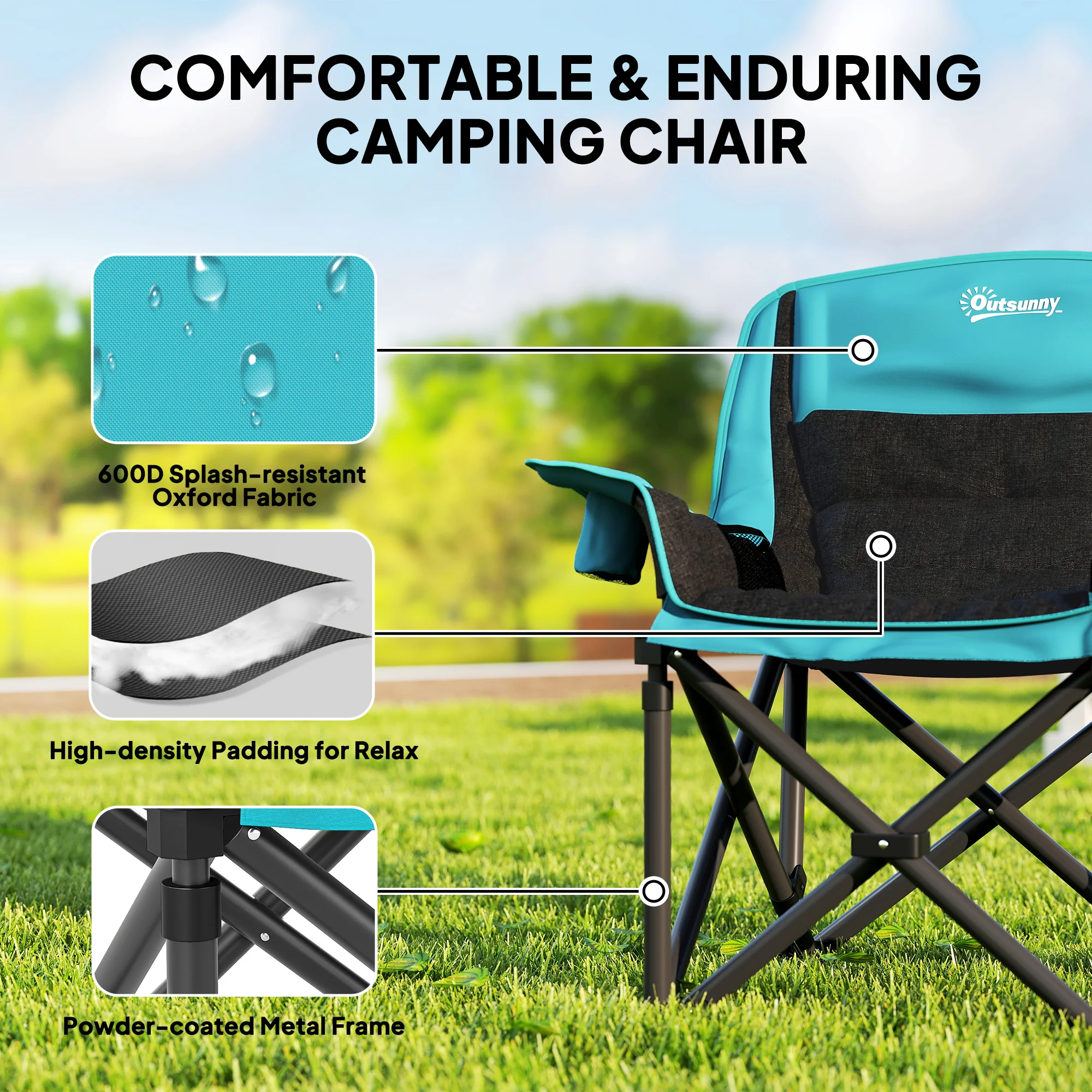 CampGlut tragbarer Klappstuhl, ideal für Camping mit Seitentaschen.