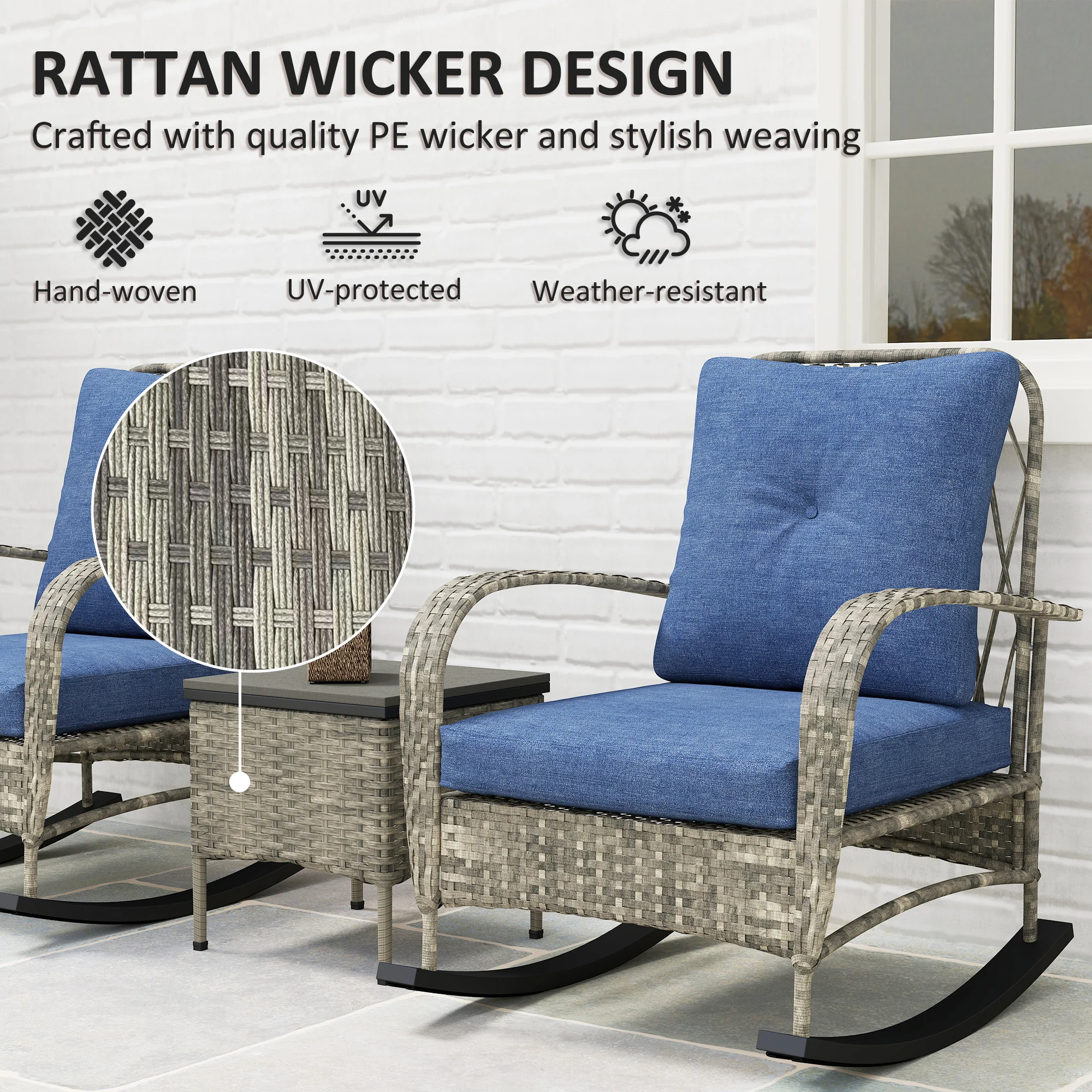3-Piece Poly Rattan Garden Furniture Set with Rocking Chairs, Coffee Table, Cushions... - Imagen 7