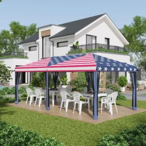CampGlut 10x20 Pop-Up-Partyzelt mit US-Flagge und sechs Seitenwänden.