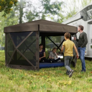 12 x 12 Sechseckiges Pop-Up-Gazebo-Zelt mit 5 Seitenwänden, Tragetasche, Braun