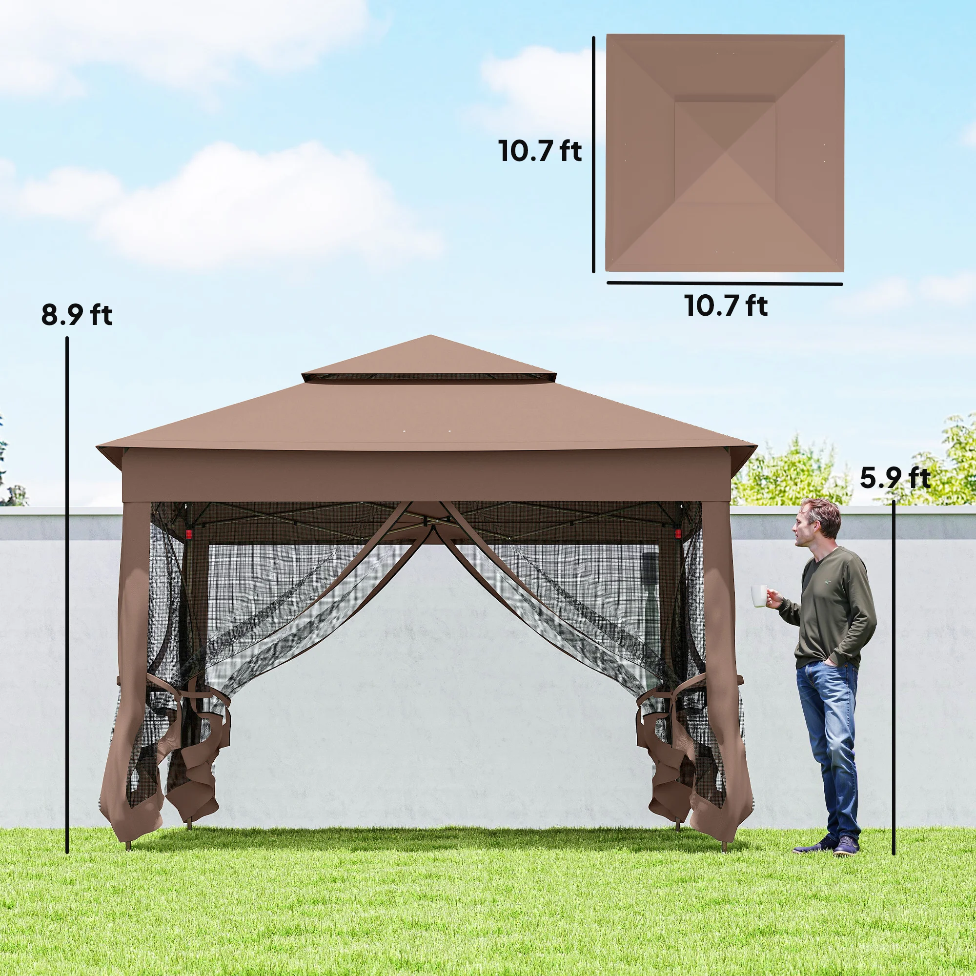 Outdoor-Pavillon mit Reißverschlussnetz, Tragetasche, 11 x 11, Braun – Bild 7