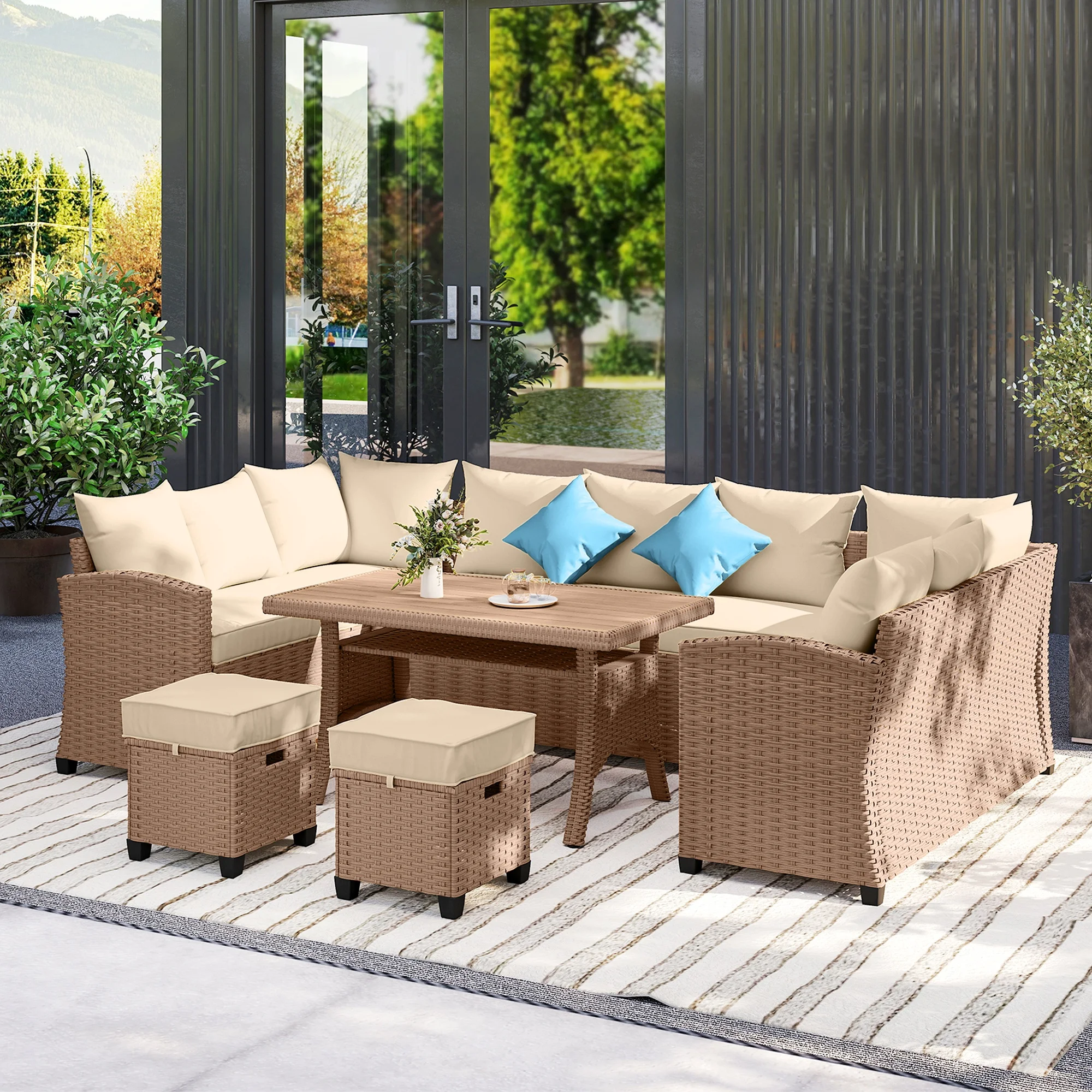 6-teiliges Polyrattan-Gartenmöbel-Set mit 3 Sofas, 2 Hockern und WPC-Esstisch... – Bild 7