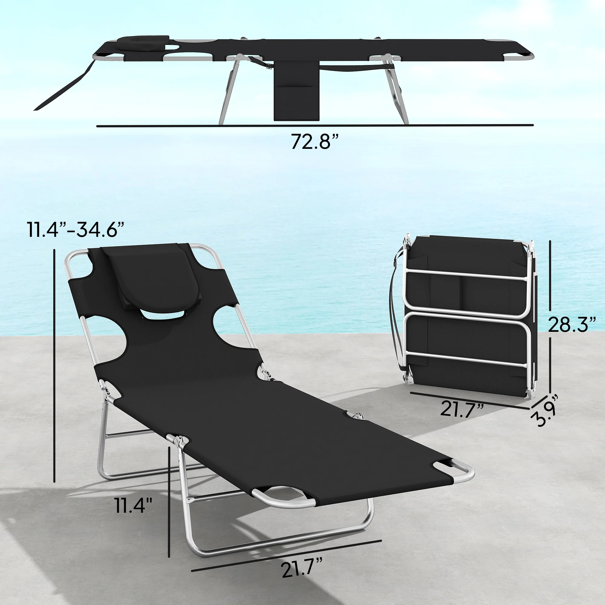 2 Sonnenliegen mit Gesichtsloch, 5-stufig verstellbar, mit Kissen, für Strand... – Bild 6