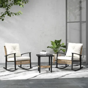 3-teiliges Bistro-Set, Polyrattan-Gartenmöbel mit Knopfheftkissen, Schaukelst...