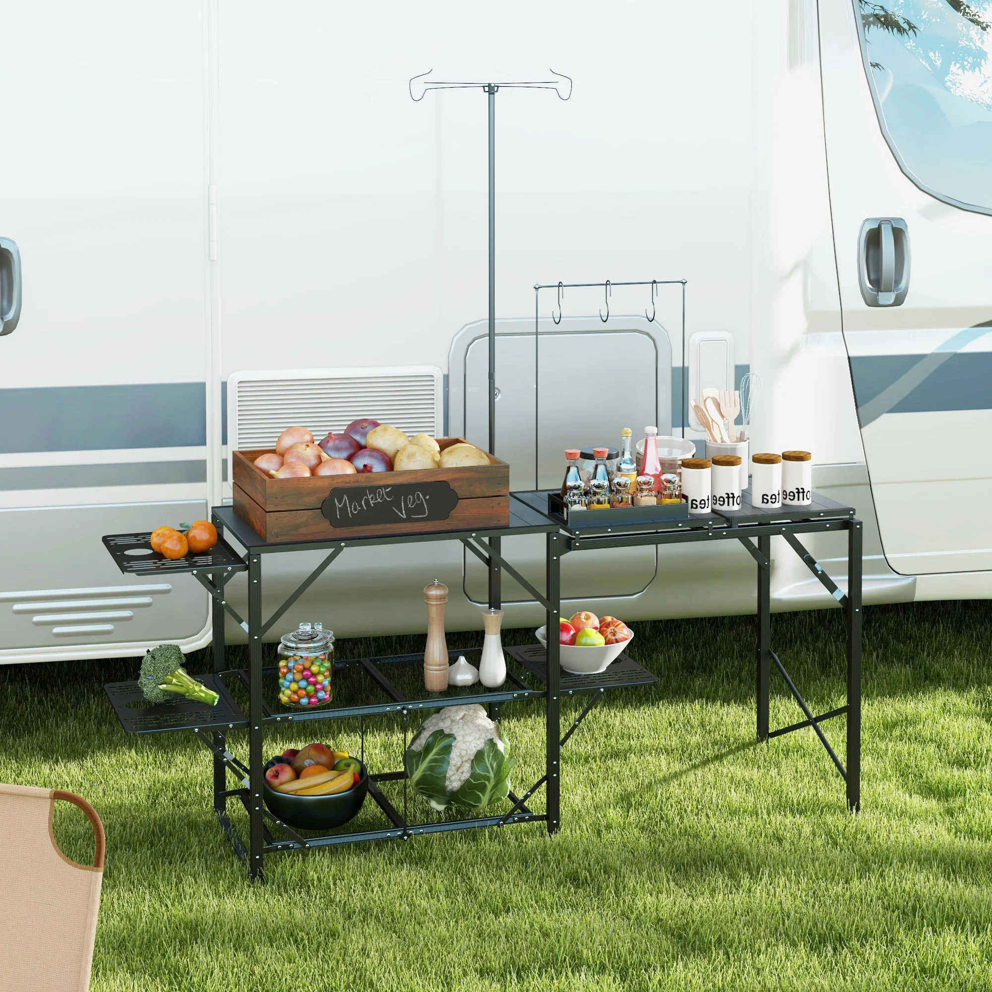 CampGlut Praktische Faltküche für Camping mit höhenverstellbarem Lampenständer.