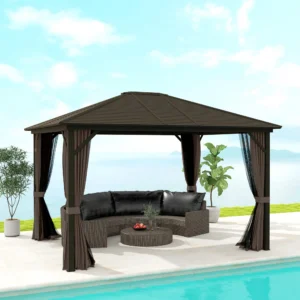 10 x 12 Hardtop-Pavillon mit Vorhängen und Moskitonetz, Alurahmen mit Haken