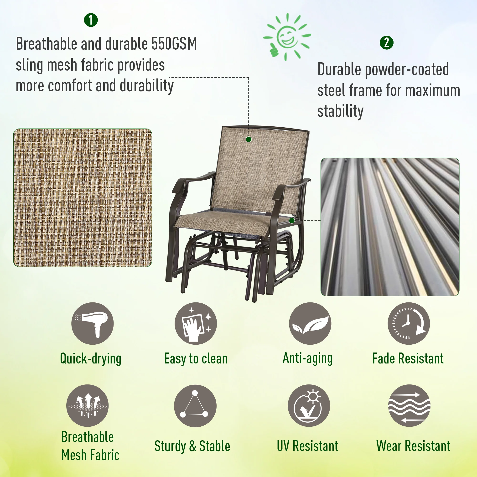 3-Piece Garden Swing Set with Coffee Table, 2 Swing Chairs with Mesh Back - Image 6