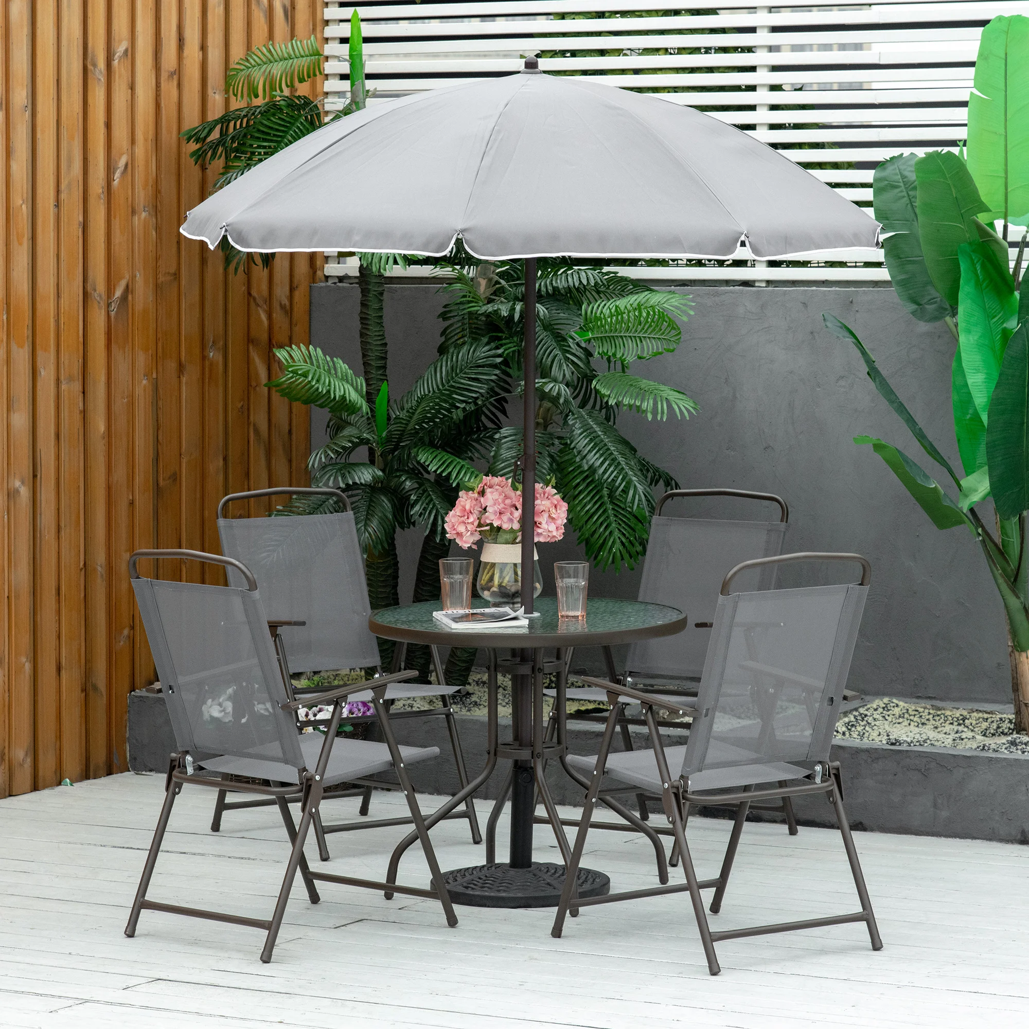 6-teiliges Terrassen-Essset für 4 Personen mit Sonnenschirm, 4 Klappstühlen &...
