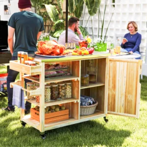 Outdoor-Grillwagen mit Edelstahlplatte, Massivholz-Kücheninsel mit Rädern, Na...