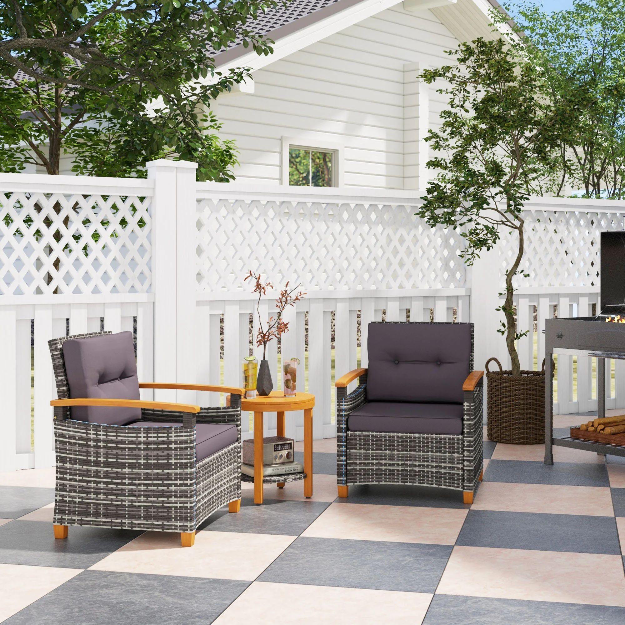 Outdoor Bistro-Set aus Rattan mit Polstern für Terrasse, Garten, Grau – Bild 6
